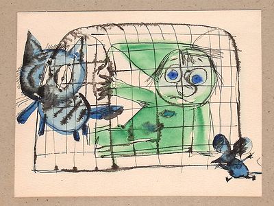 Караваева Г.А. Кот, клоун и мышка. 1980-е гг. Бумага, акварель, тушь, перо. Лист 18х23,5 см на 