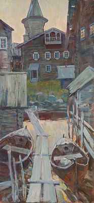 Кельберер Б.А. Белая ночь. Карелия. 2002. Холст, масло, 105х50 см. Авторская подпись в правом 