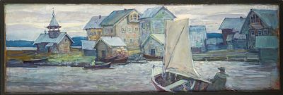 Кельберер Б.А. Деревня Еглово. Карелия. 2001. Холст, масло, 50х150 см. Авторская подпись в 