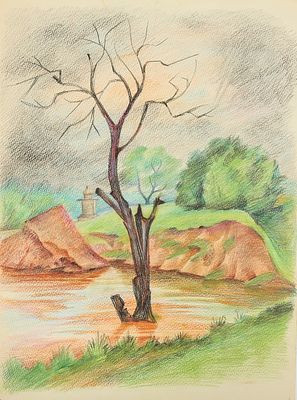 Князькова Н.В. Дерево. 1970-е. Бумага, цветные карандаши, 48х36 см. Князькова Наталья Викторовна 