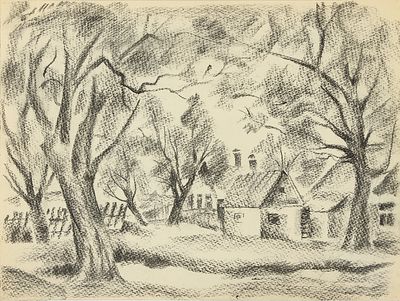 Князькова Н.В. Дома среди деревьев. 1970-е. Бумага, соус, 36х48 см. Князькова Наталья Викторовна 