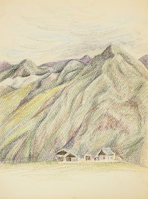 Князькова Н.В. У подножья гор. 1970-е. Бумага, масляная пастель, 48х36 см. На полях загрязнения. 