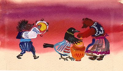 Коковкин А.В. Приготовление обеда. Оригинал иллюстрации к русской сказке. 1980-е гг.. Бумага 