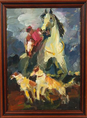 Кононов В.Г. Всадник с собаками. 1960-е. Картон, масло, 32х23 см. Работа оформлена в раму. Конон 