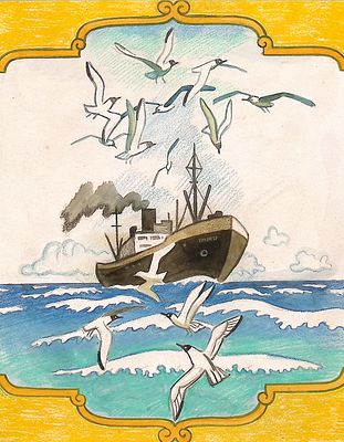 Копейко Ю.В. Теплоход. Оригинал иллюстрации к детской книге. 1970-е гг. Бумага, акварель, гуашь 