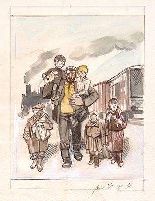 Копейко Ю.В. У вагонов. Оригинал иллюстрации к книге А. Митяева "Страна под красным флагом". 