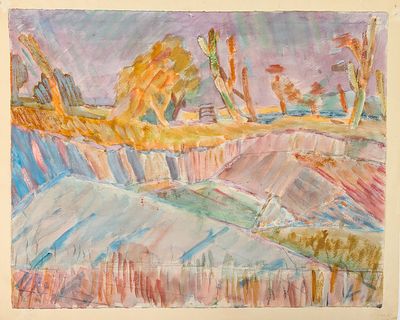 Коровин Ю.Д. Вечер. 1966 г. Бумага, акварель. Лист 50,5х63 см на бумажной подложке. В правом 