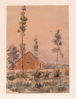 Лагутин С.Я. Домик у заросшей реки. 1940-50-е гг. Бумага, акварель. Лист в паспарту, окно 21 