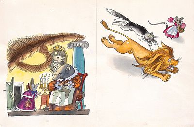 Лебедев В.А. Мышь и Крыса. Иллюстрация (разворот) к книге И.А. Крылова "Басни". 1980-90-е гг. 