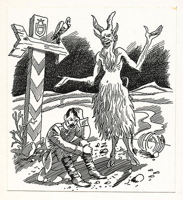 Лебедев В.А. Солдат и черт. Иллюстрация к книге "Елена Премудрая". Л.: Лениздат, 1989. Бумага 