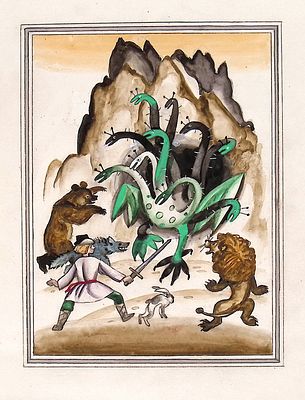 Лемкуль Ф.В. Битва с драконом. Оригинал иллюстрации для сборника сказок "Сказки Королевича". 