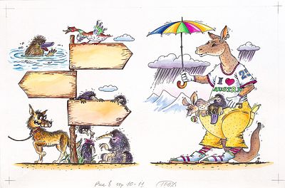 Лукьянов А.Н. Австралия. Оригинал иллюстрации (разворот) к детской книге. 1990-е гг.. Бумага 