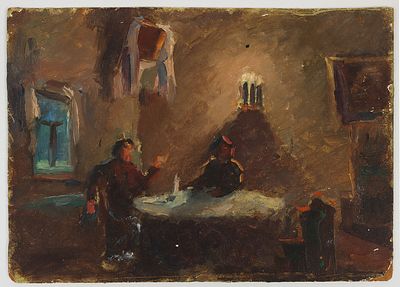 Неизвестный художник. Вечерняя беседа за столом. 1930-е. Картон, масло, 12,4х17,5. Потертости углов.