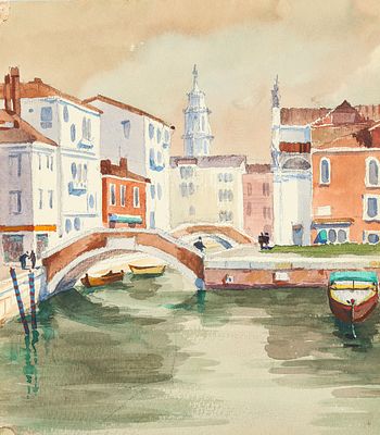 Неизвестный художник. Вид Венеции. 1980-е. Бумага, акварель, белила, 24,5х21,5 см. Следы от кнопок.