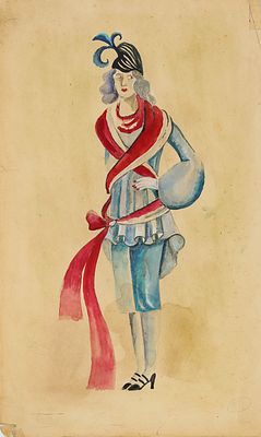 Неизвестный художник. Женский костюм с красной лентой. 1920-1930-е. Бумага, гуашь, белила 