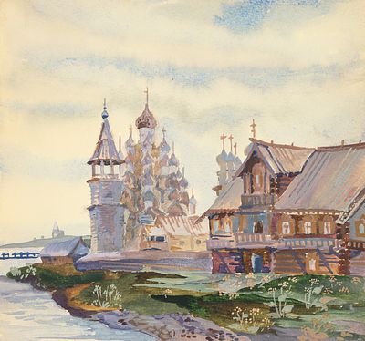 Неизвестный художник. Кижи. 1980-е. Бумага, акварель, белила, 23х24,5 см