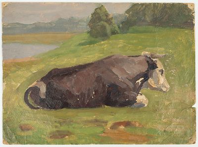 Неизвестный художник. Корова на лугу. Первая половина ХХв. Картон, масло, 22х30 см. Следы от 