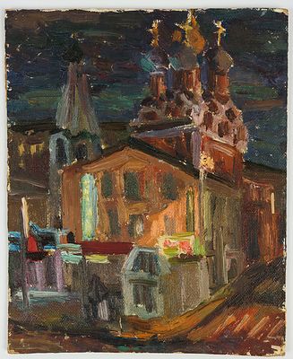 Неизвестный художник. Москва. Храм Григория Неокесарийского на Полянке ночью. 1970-е. Оргалит 