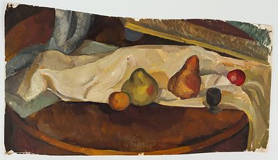 Неизвестный художник. Натюрморт с грушами. 1930-е. Бумага, масло, 32х61 см. Следы от кнопок 