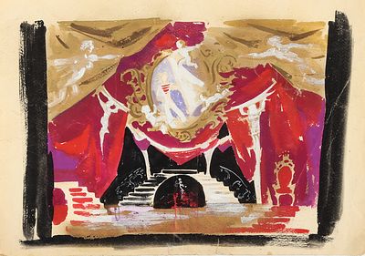 Неизвестный художник. Эскиз декорации. 1980-е. Бумага, гуашь, белила, золото, 36,5х50,7 см. 