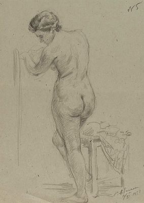 Оболенский С.Г. Натурщица. 1938 г. Серая бумага, карандаш. Лист 28,5х20 см. Подпись в правом 