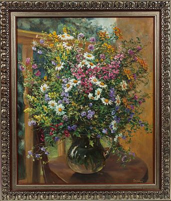 Охримец О.Е. Летний букет на стуле. 2000-е. Холст, масло, 60х50 см. Авторская подпись в правом 