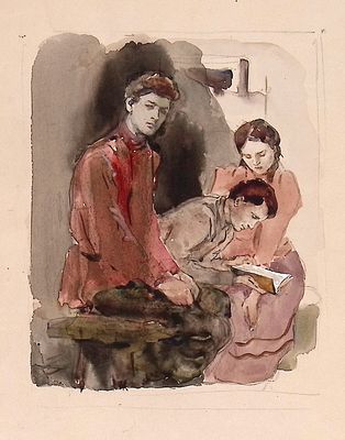 Петров Л.Г., Петрова В.В. За чтением. Оригинал иллюстрации к книге А. Голубевой "Заря взойдет". 