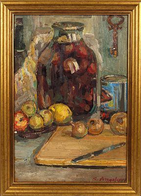 Разумовская Ю.В. Заготовки на зиму. 1960-е. Картон, масло, 47х32 см. Авторская подпись в 