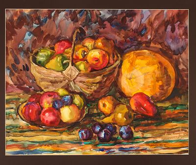 Родкина Г.П. Натюрморт с корзиной яблок. 1970. Бумага, акварель, 51х64см. Авторская подпись в 