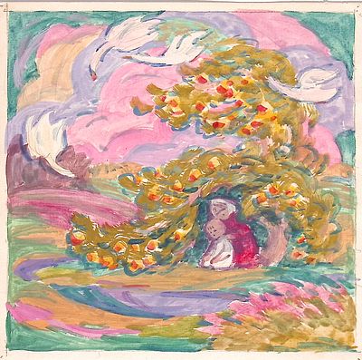 Рыбченкова Л.Б. Под деревом. Иллюстрация к сказке. 1960-70-е гг. Бумага, гуашь. Лист 24,5х24,5 см. 