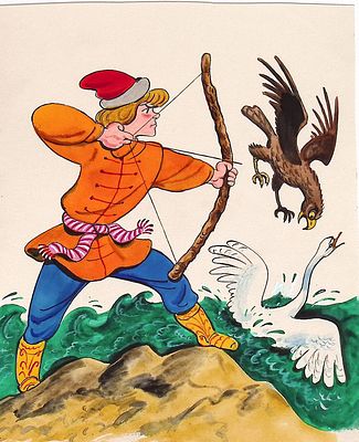 Салтыков М.М. Выстрел в коршуна. Оригинал иллюстрации к сказке А.С. Пушкина. 1990-е гг. Бумага 