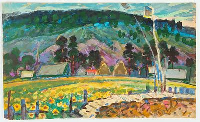 Семячкин П.С. Скворечники. Сибирь..1960-е. Бумага, карандаш, гуашь, 27х45 см. Авторские надписи 