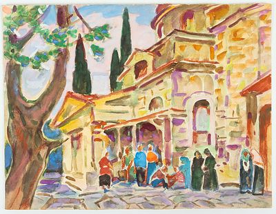 Семячкин П.С. Храм Преображения в Хосте.1960-е. Бумага, карандаш, гуашь, 33,5х44 см. Авторские 