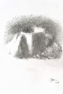 Хамдамов Р.У. Натюрморт. 2005 г. Бумага, карандаш. Лист 48х33 см. Подпись в правом нижнем углу. 