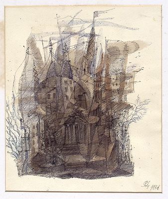 Цузмер Р.М. Город. 1976 г. Бумага, тушь, акварель. Лист в паспарту, окно 33х27 см. Подпись в 