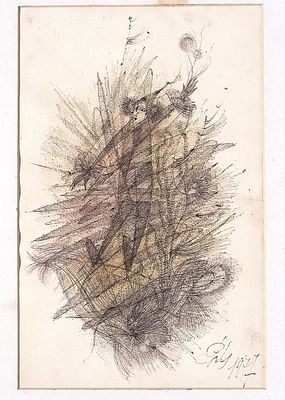 Цузмер Р.М. Клоун. 1977 г. Бумага, тушь, акварель. Лист в паспарту, окно 35х23 см. Подпись в 