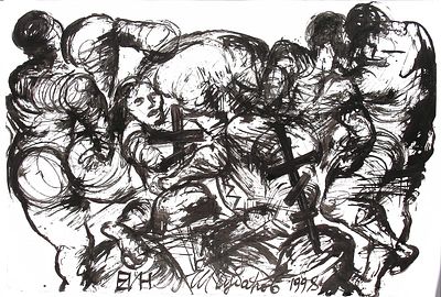 Чубаров Е.И. Композиция с фигурами и крестами (1). 1998 г., 1 дек. Бумага, тушь. Лист 43х61 см. 