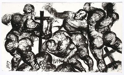 Чубаров Е.И. Композиция с фигурами и крестами (2). 1997 г., 27 авг. Бумага, тушь. Лист 29,5х49 