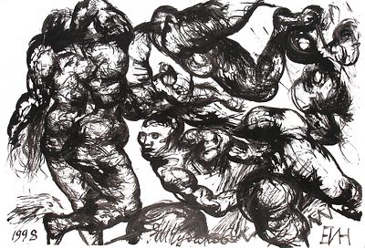 Чубаров Е.И. Композиция с фигурами. 1998 г., 28 авг. Бумага, тушь. Лист 43х61 см. Подпись внизу 