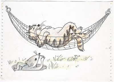 [Анимация]. Богомолова Н.Э. В гамаке. 1990-е гг. Эскиз к мультфильму. Бумага для АЦПУ, тушь 