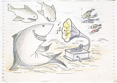 [Анимация]. Богомолова Н.Э. Патефон. 1990-е гг. Эскиз к мультфильму. Бумага для АЦПУ, тушь, цв. 