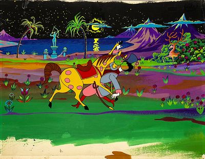 [Анимация]. Макаров И.А. Танго. Фаза движения и фон. Целлулоид, тушь, заливочная краска, гуашь. 