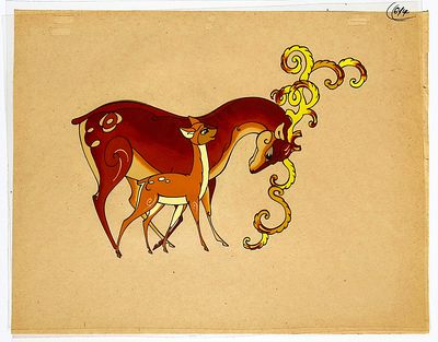 [Анимация]. Неизвестный художник. Олень и олененок. Фаза движения. Целлулоид (два слоя), тушь 