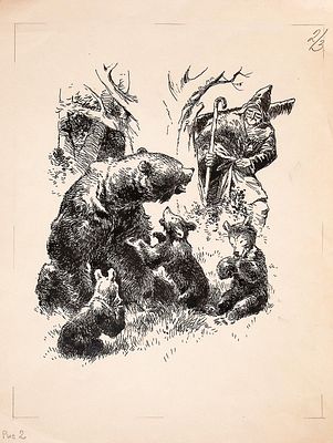 Адрианов С.В. Медведица с медвежатами и пастух. Оригинал иллюстрации к книге Б. Шинкуба 