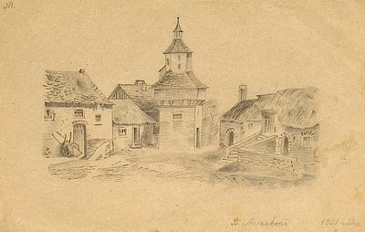 Агеева В. Городок. 1901 г. Бумага, карандаш. 16,8х25,3 см. Загрязнения.