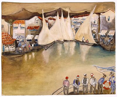 Аладжалов С.И. Корабли у причала. Эскиз театральной декорации.1930-е гг. Бумага, акварель 