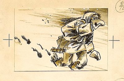 Аникин Б.А. В пургу. Оригинал иллюстрации к Географическому ежегоднику для детей "Глобус", 1982 