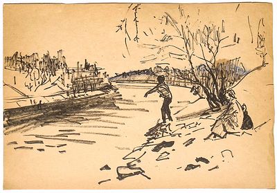 Бассинова И.Н. На реке. 1970-е гг. Бумага, фломастер, пастель. Лист 28,5х40,5 см. Пятна. 