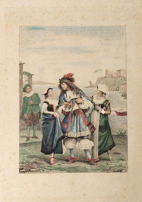Leman Jaque. Кавалер с двумя барышнями. 1850-е. Франция. Гравюра на стали, акварель, 26,3х19,5 