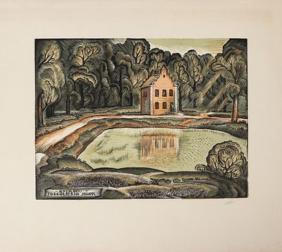 Алисов Н.В. Москва. Кусково. Голландский домик. 1970-е. Бумага, цветная линогравюра, 20,2х26,8 